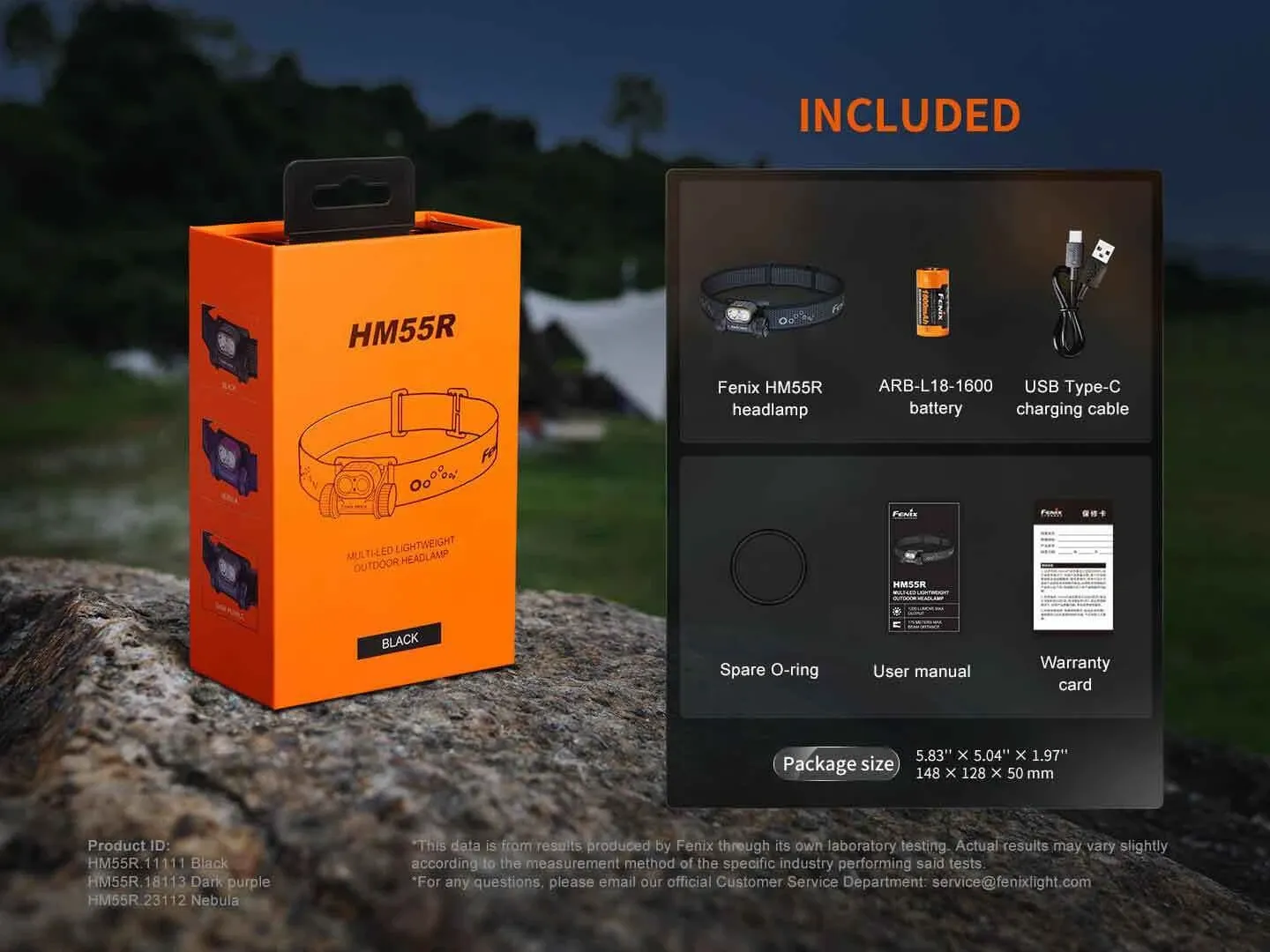 Fenix HM55R 1200 Lumen Lightweight Multi-LED Rechargeable Headlight packaging box and list of included items.