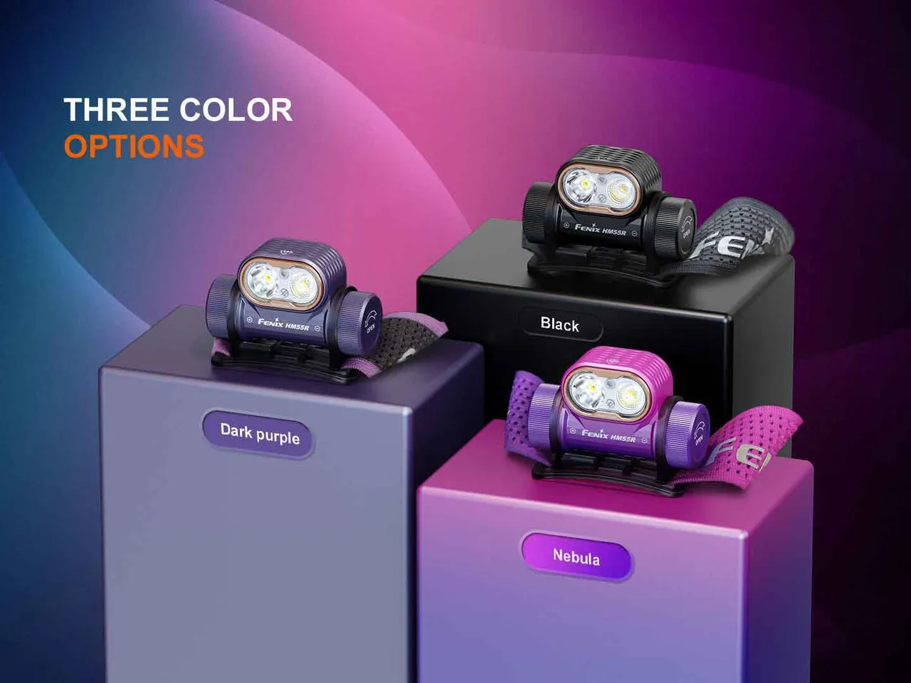 Fenix HM55R 1200 Lumen Lightweight Multi-LED Rechargeable Headlight in black, dark purple, and nebula color options.