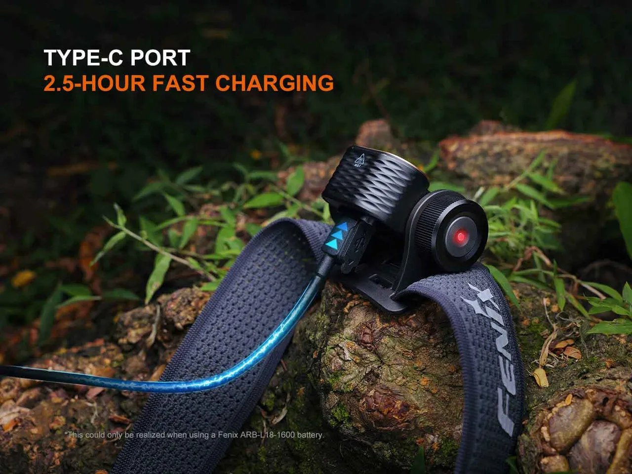 Fenix HM55R 1200 Lumen Lightweight Multi-LED Rechargeable Headlight charging via Type-C port for 2.5-hour fast charging.