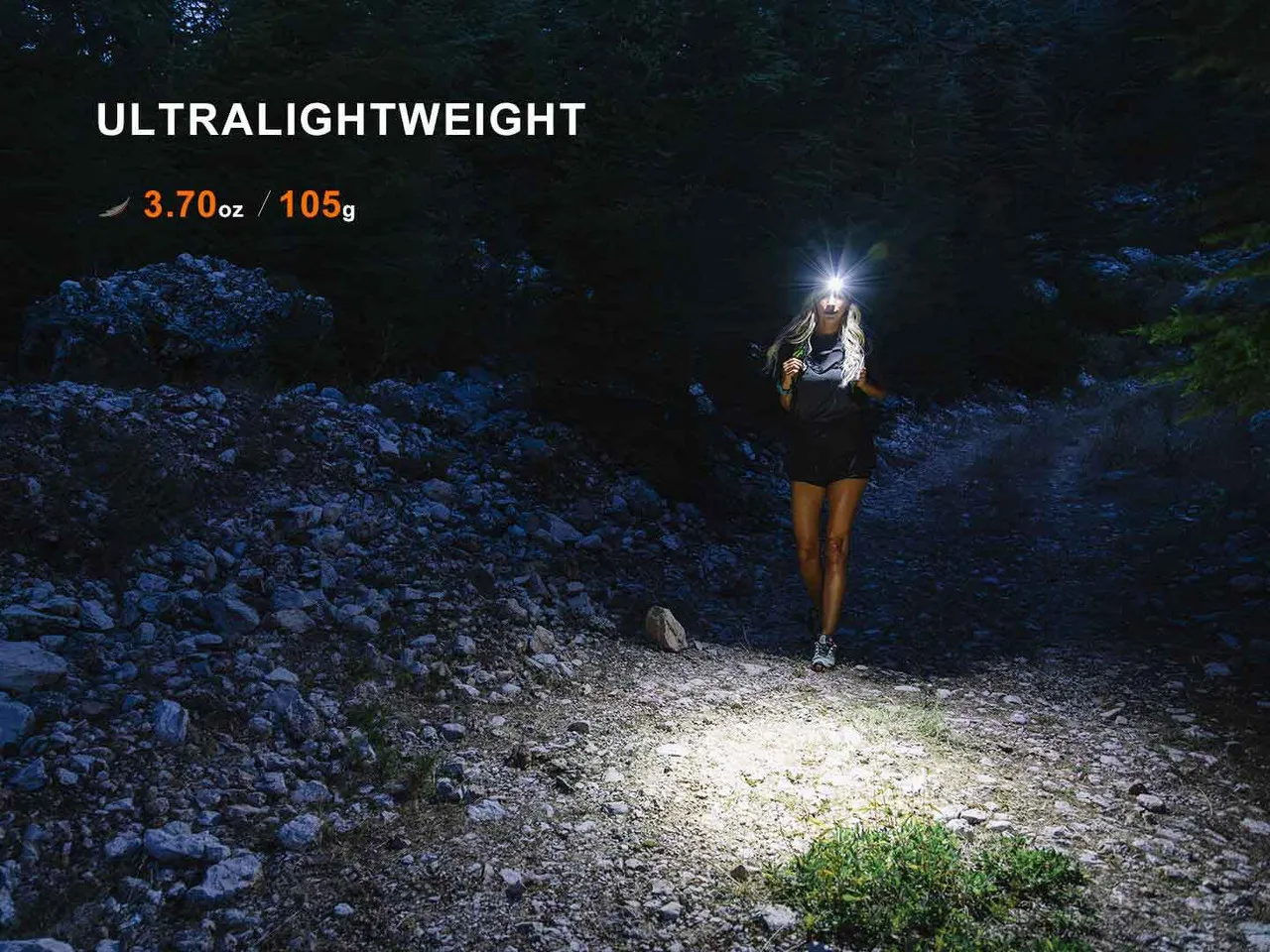 Fenix HM55R 1200 Lumen Lightweight Multi-LED Rechargeable Headlight worn by a person trail running at night, showing ultralightweight.