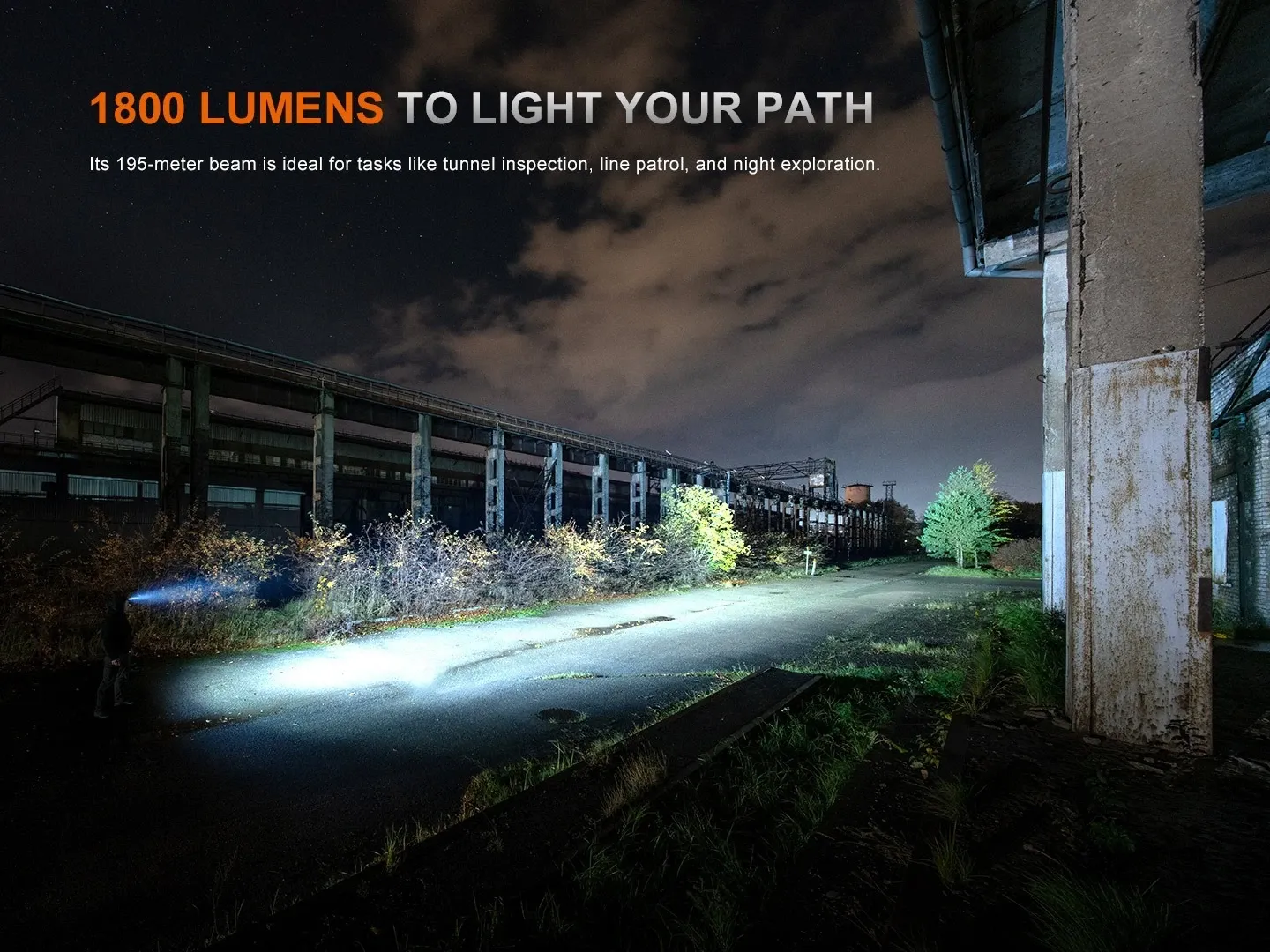 Fenix HM61R V3.0 - 1800 Lumen Spot and Flood LED Headlamp illuminating a wide path at night.