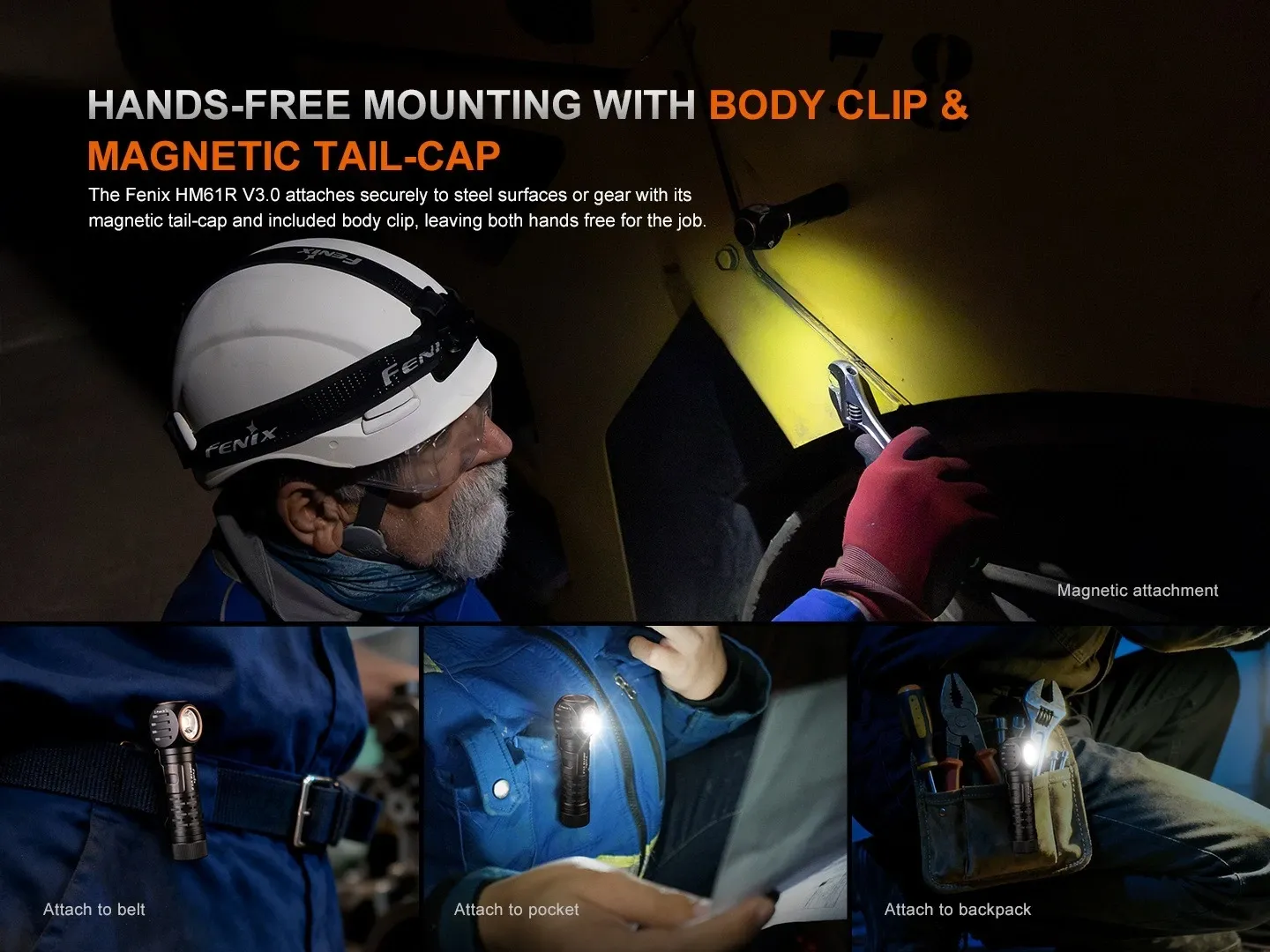 Fenix HM61R V3.0 - 1800 Lumen Spot and Flood LED Headlamp showing hands-free mounting with clip and magnet.
