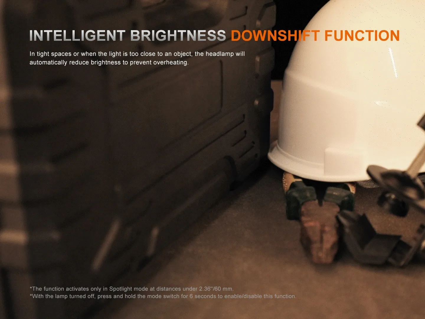 Fenix HM61R V3.0 - 1800 Lumen Spot and Flood LED Headlamp demonstrating intelligent brightness downshift function.