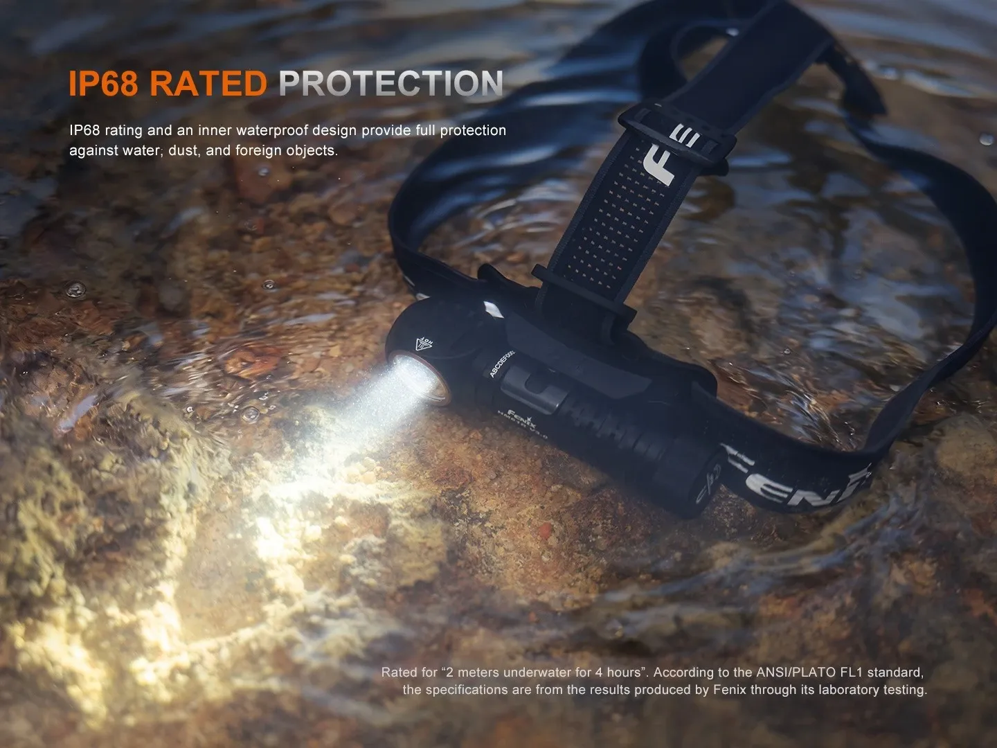 Fenix HM61R V3.0 - 1800 Lumen Spot and Flood LED Headlamp submerged in water, showing IP68 protection.