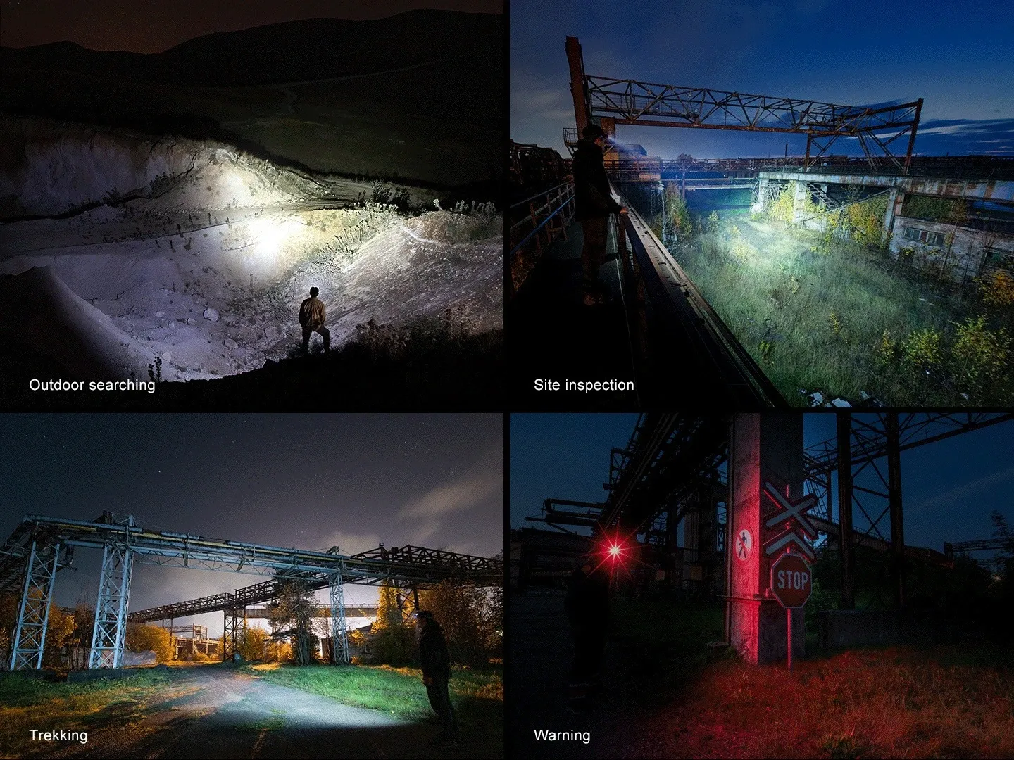 Fenix HM61R V3.0 - 1800 Lumen Spot and Flood LED Headlamp in various use cases: searching, inspection, trekking, warning.
