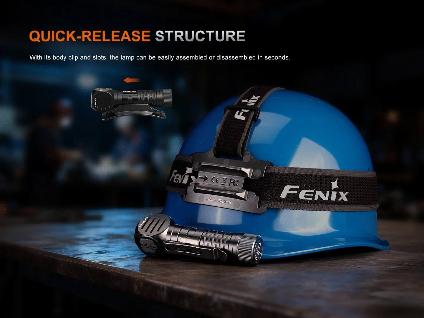 Fenix HM61R V3.0 - 1800 Lumen Spot and Flood LED Headlamp showing quick-release from hard hat mount.