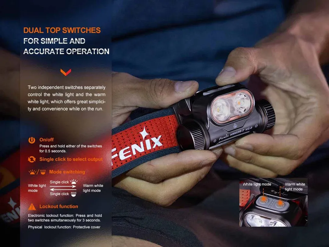 Hands holding the Fenix HM65R-T V2.0 Dual output 1600 lumen USB-C rechargeable headlamp, showing dual top switches.