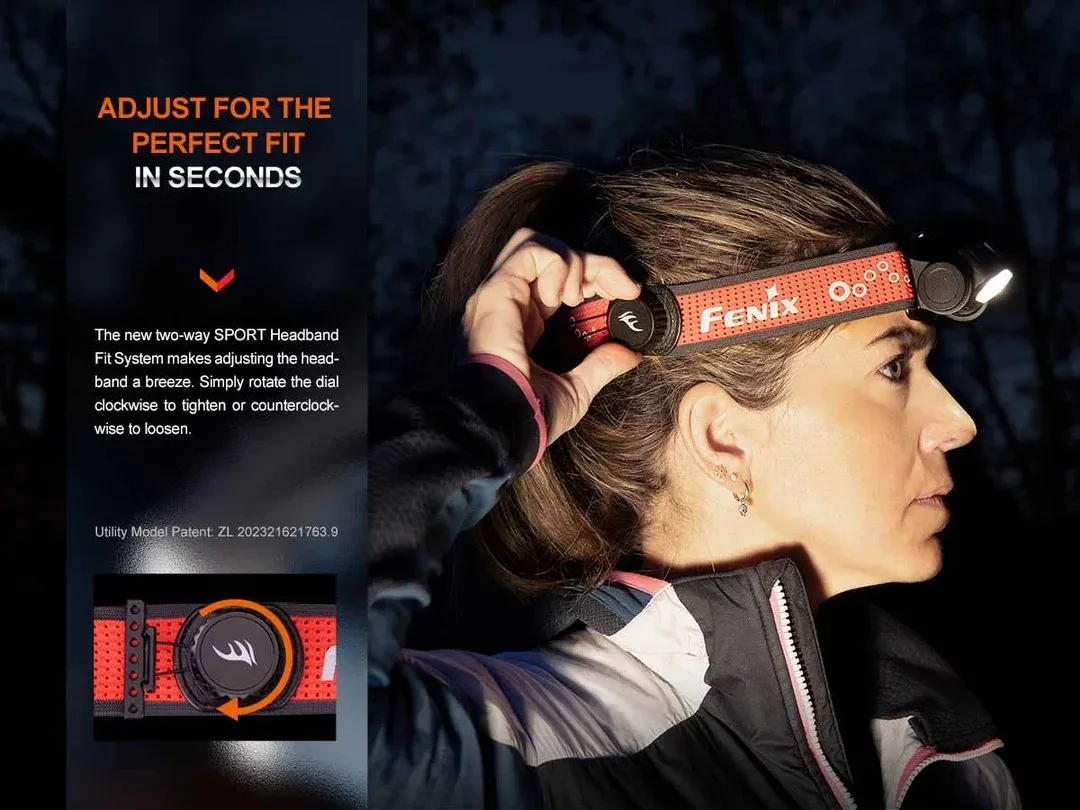 Person adjusting the Fenix HM65R-T V2.0 Dual output 1600 lumen USB-C rechargeable headlamp headband for perfect fit.