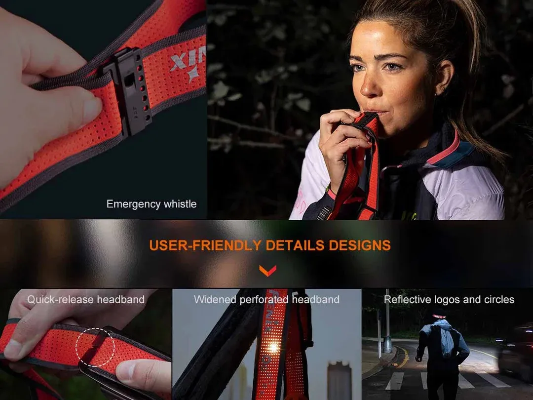 Fenix HM65R-T V2.0 Dual output 1600 lumen USB-C rechargeable headlamp user-friendly features like whistle, headband.