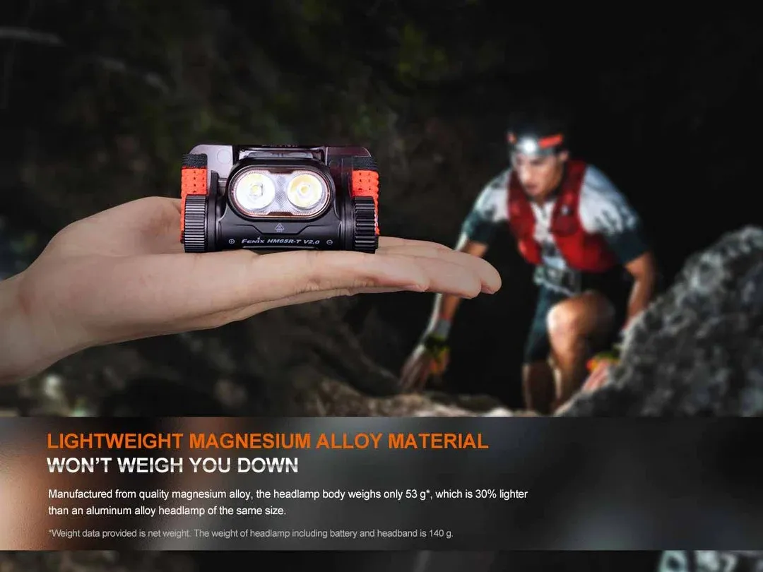 Fenix HM65R-T V2.0 Dual output 1600 lumen USB-C rechargeable headlamp in hand, highlighting lightweight design.