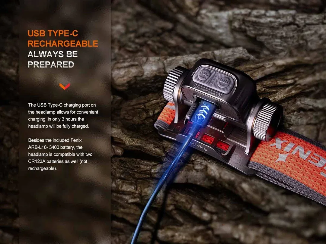 Fenix HM65R-T V2.0 Dual output 1600 lumen USB-C rechargeable headlamp charging via USB-C port.
