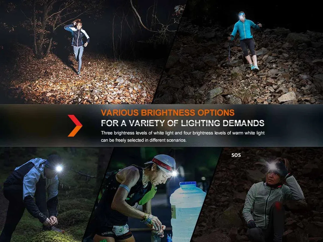 Fenix HM65R-T V2.0 Dual output 1600 lumen USB-C rechargeable headlamp in various outdoor use scenarios.