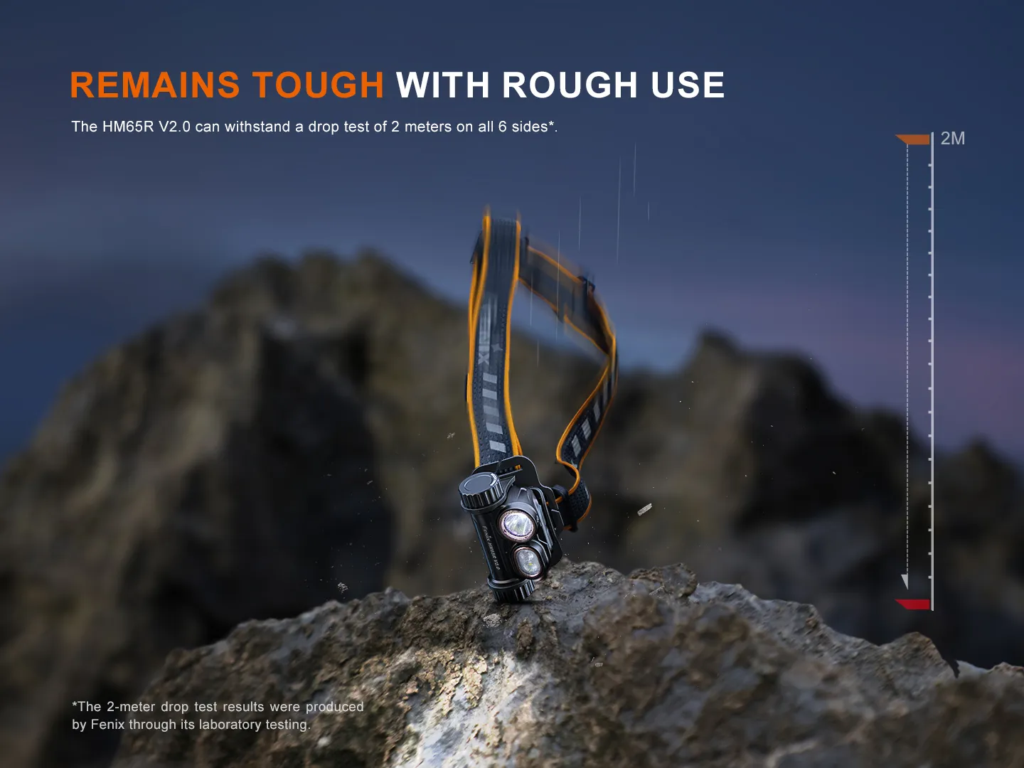 Fenix HM65R V2.0 headlamp in mid-air, falling onto a rocky surface, illustrating its 2-meter drop resistance.