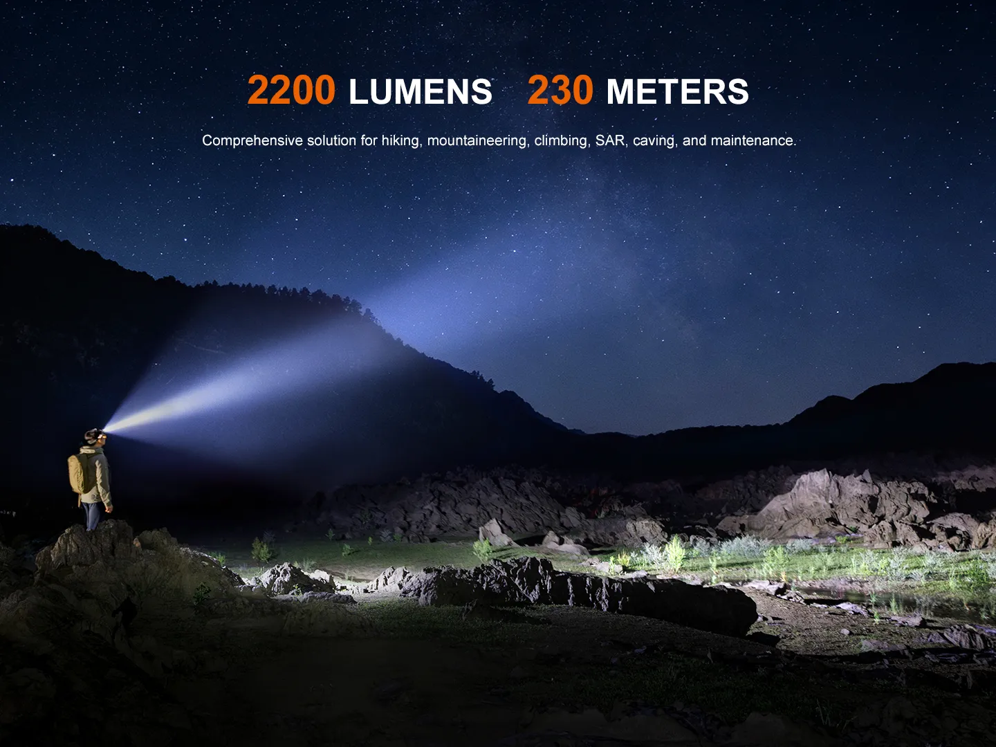 A person wearing the Fenix HM65R V2.0 headlamp, illuminating a vast outdoor landscape at night with 2200 lumens.