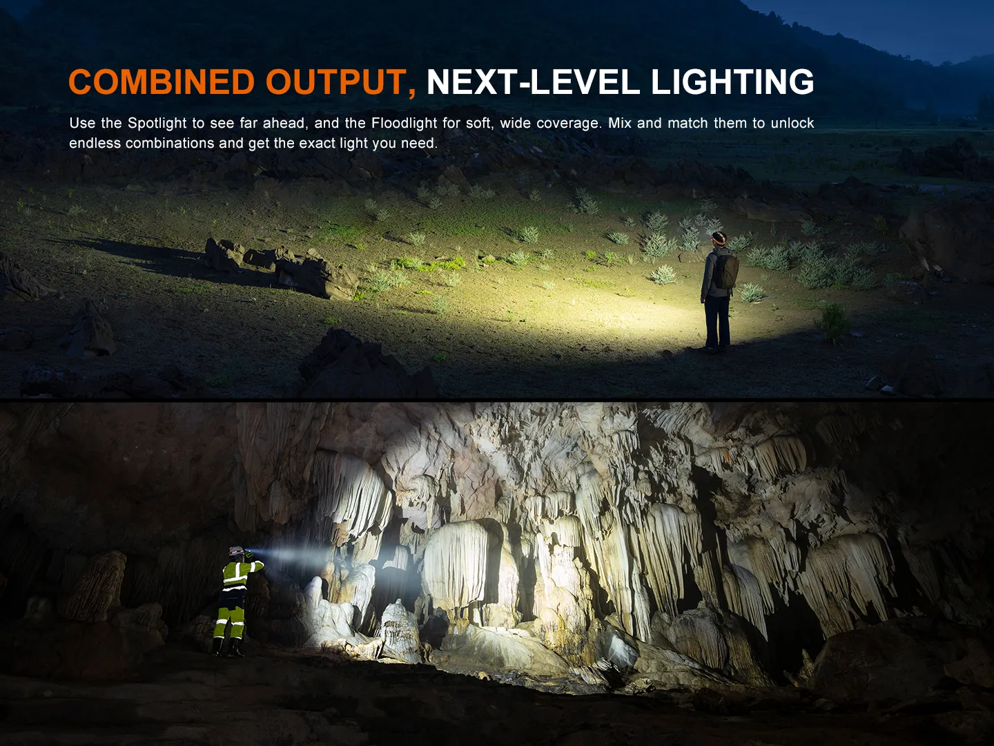Two scenes showing Fenix HM65R V2.0 in use: spotlight outdoors and floodlight in a cave for versatile lighting.