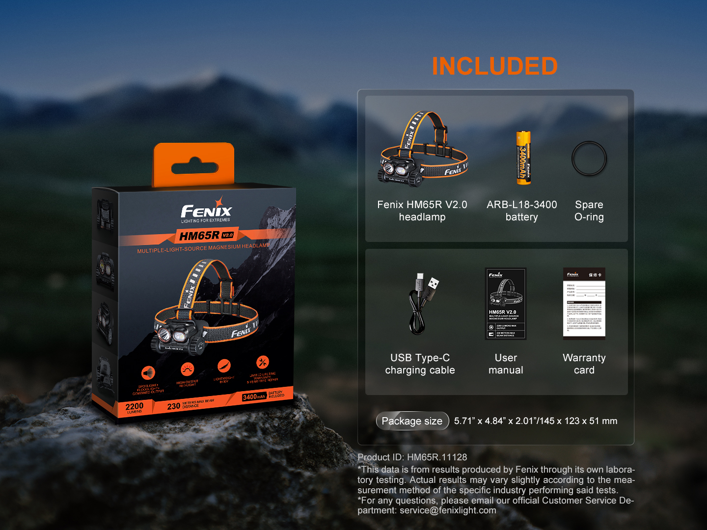 Fenix HM65R V2.0 headlamp packaging box and a display of all included accessories like battery, cable, and manual.