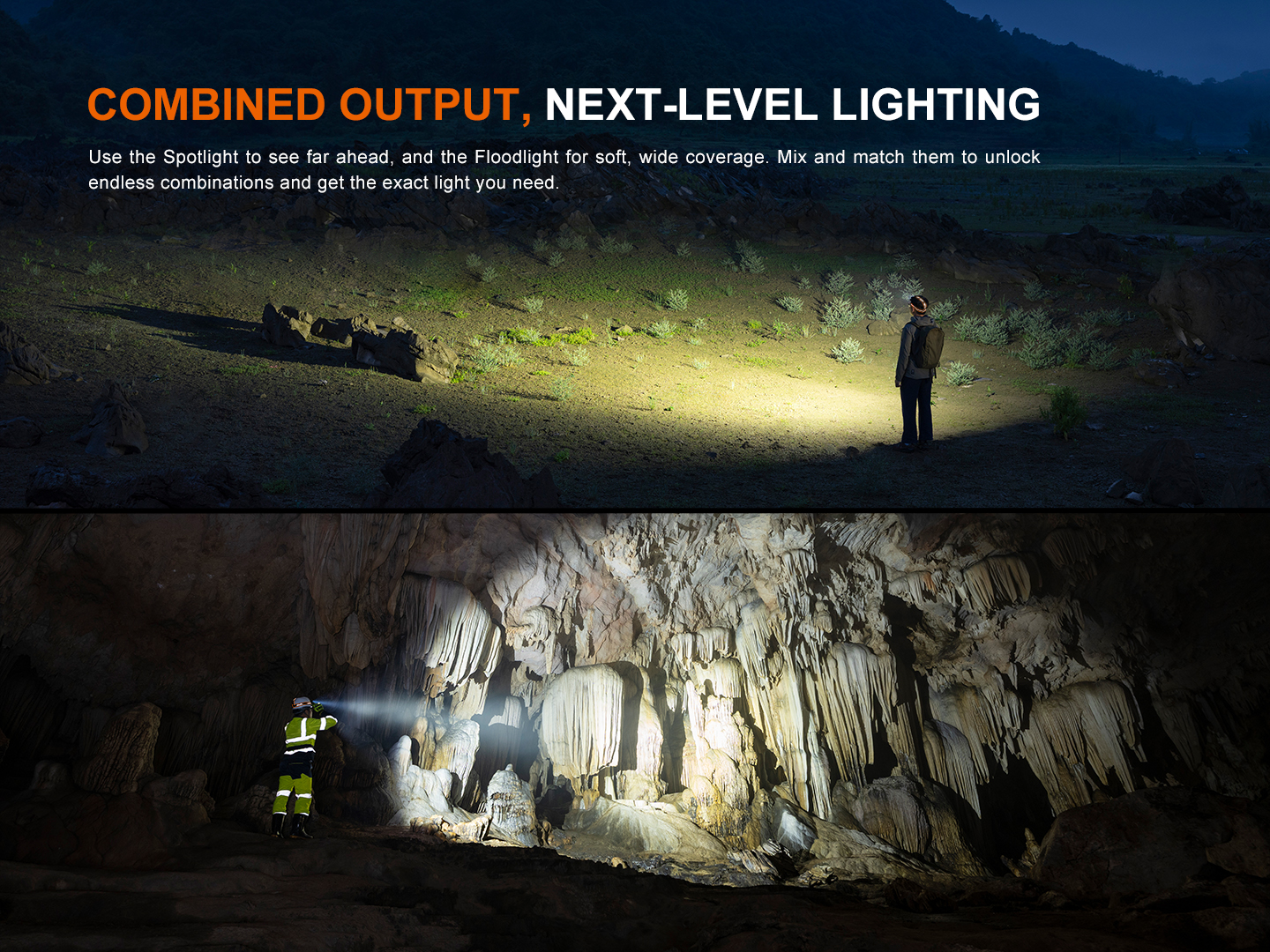 Split image showing Fenix HM65R V2.0 headlamp's spotlight in an open field and floodlight in a cave.