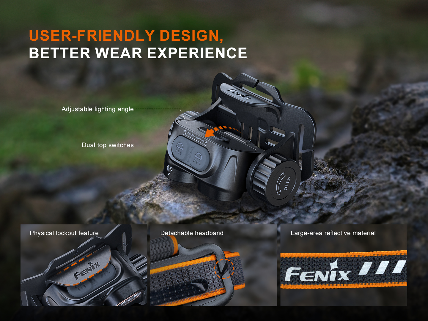Fenix HM65R V2.0 headlamp on a rock, highlighting user-friendly features like adjustable angle, dual switches, and reflective headband.