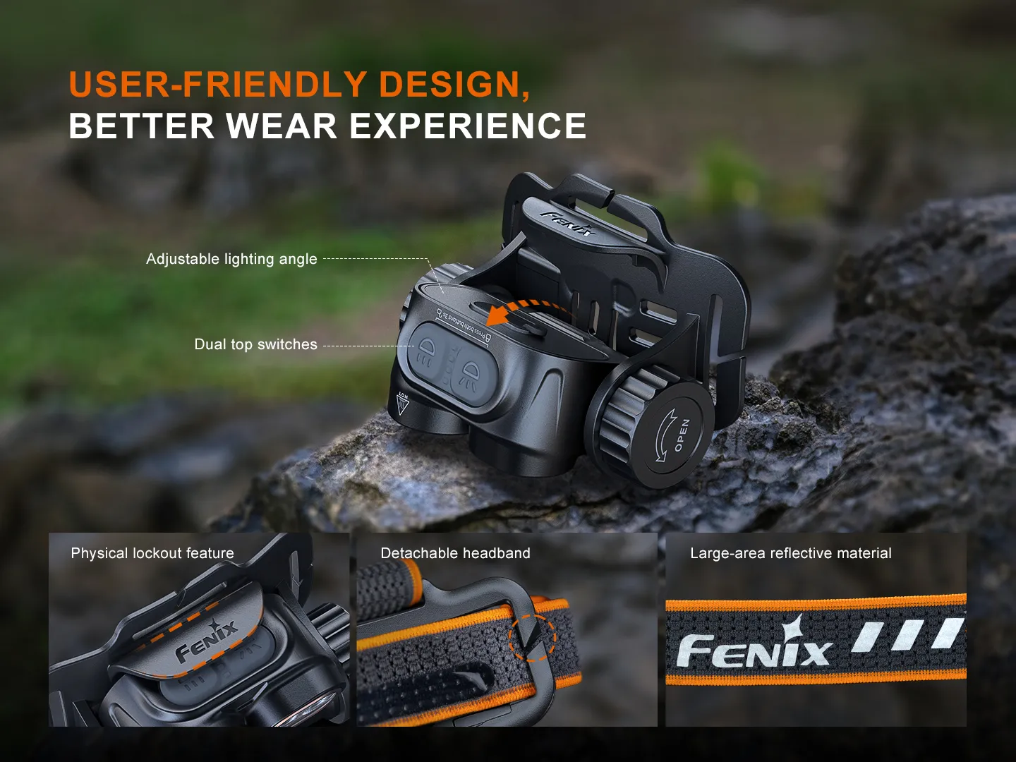 Fenix HM65R V2.0 headlamp on a rock, highlighting adjustable lighting angle, dual switches, lockout, detachable headband.