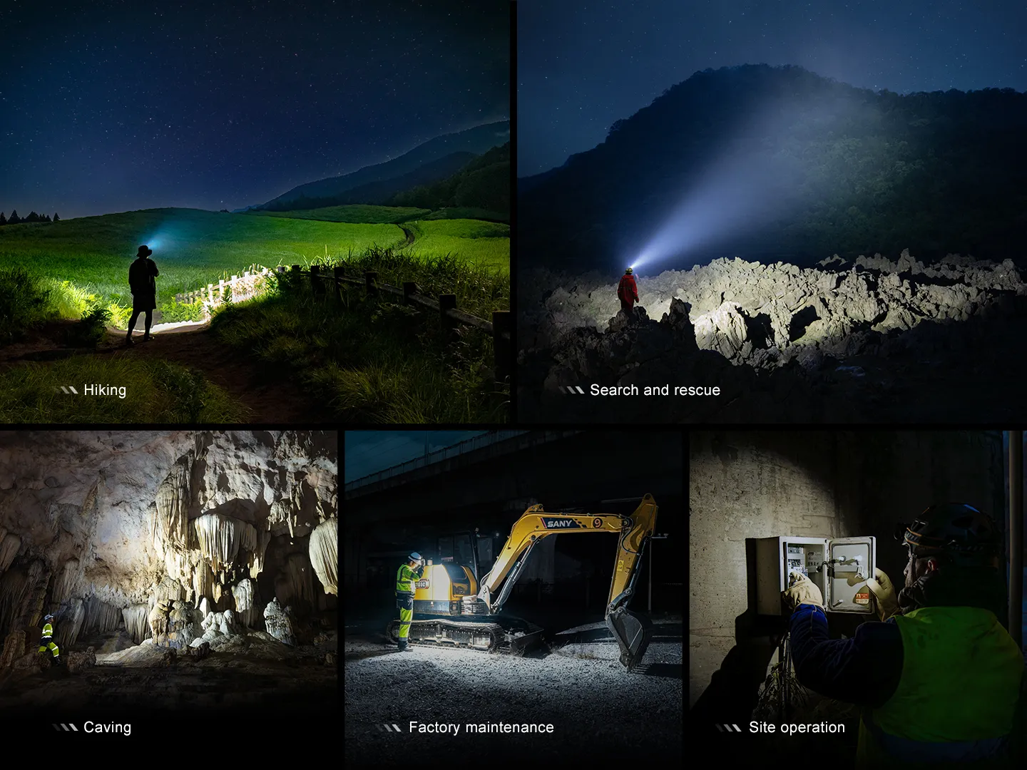 Collage of five images showing the Fenix HM65R V2.0 headlamp in various applications: hiking, search and rescue, caving, factory maintenance, and site operation.