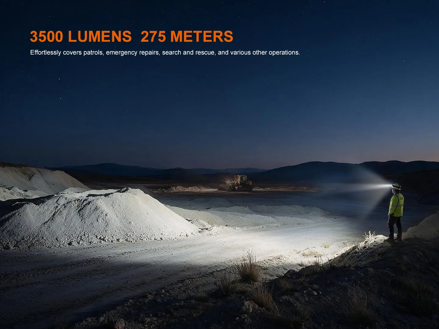 Fenix HM71R V2.0 - 3500 Lumen High-performance Industrial Headlamp illuminating a large area at 275 meters.