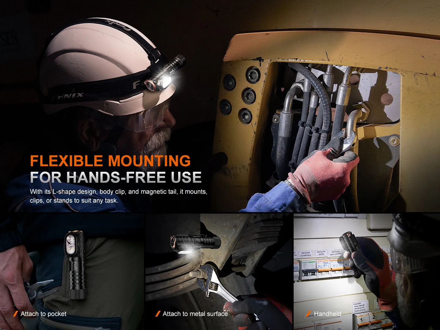Fenix HM71R V2.0 - 3500 Lumen High-performance Industrial Headlamp showing flexible mounting options for hands-free use.