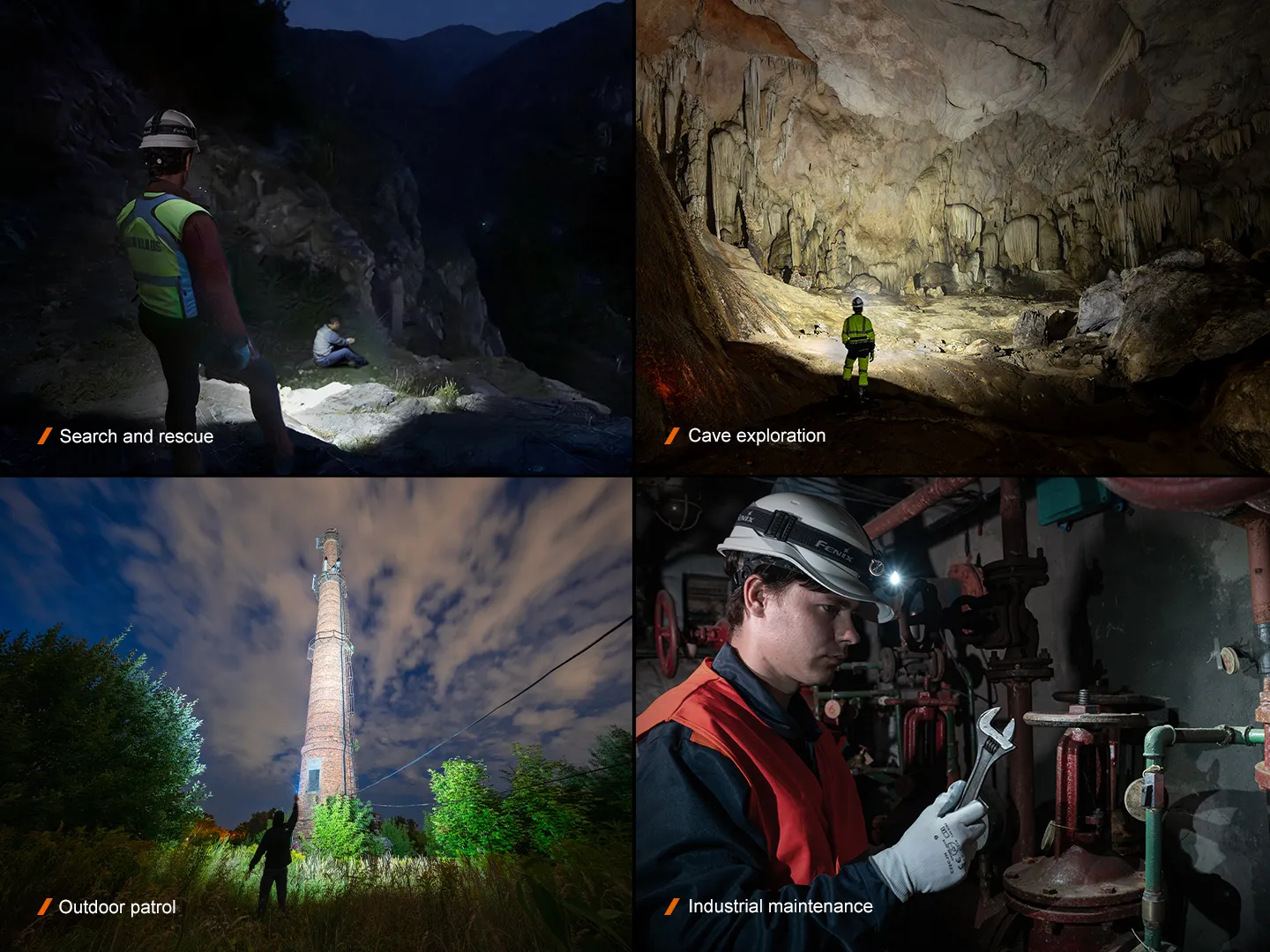 Fenix HM71R V2.0 - 3500 Lumen High-performance Industrial Headlamp shown in search and rescue, cave, patrol, and industrial use.