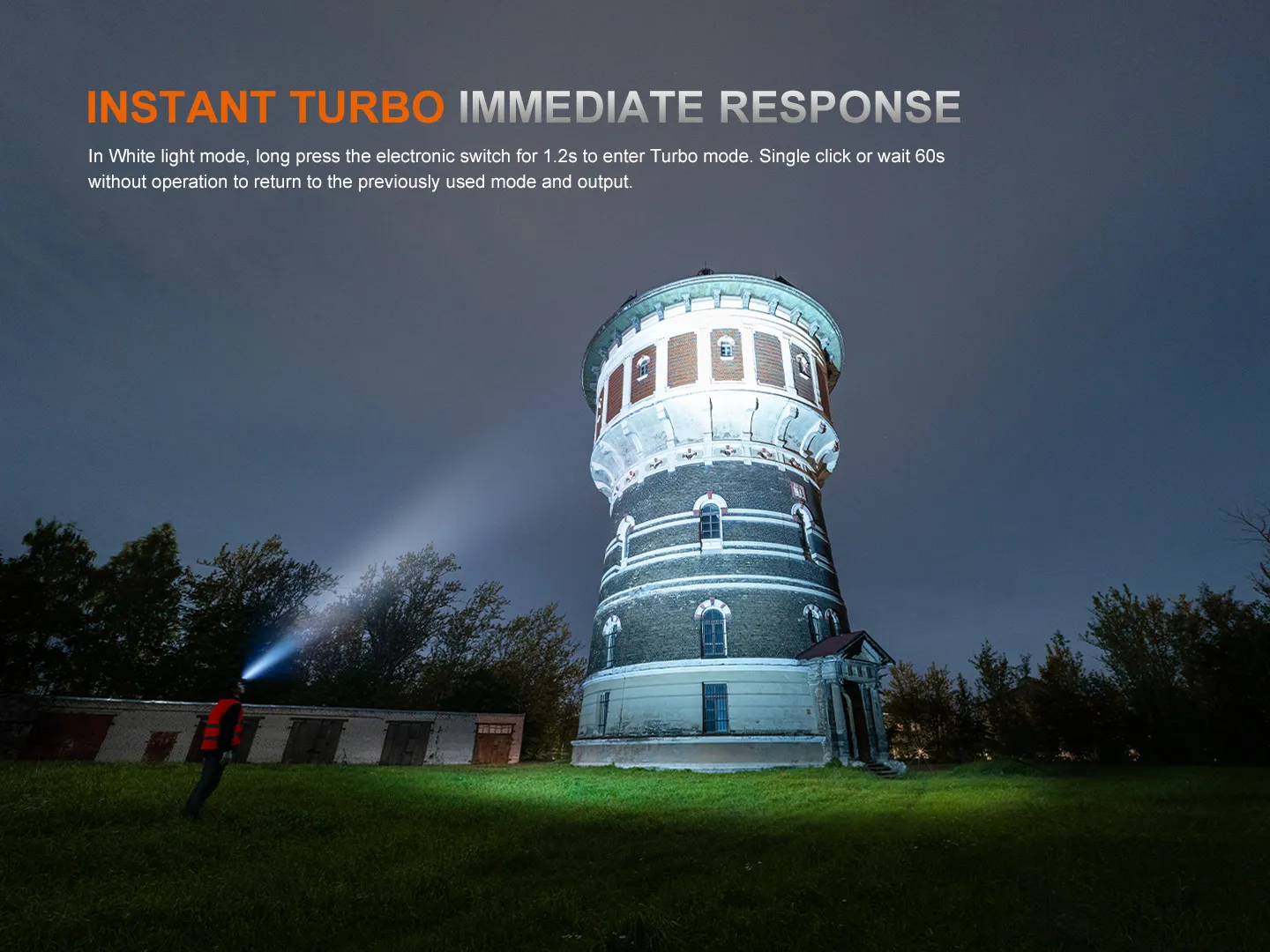 Fenix HM71R V2.0 - 3500 Lumen High-performance Industrial Headlamp in instant turbo mode illuminating a water tower.