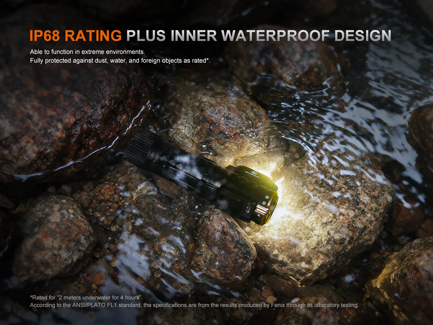 Fenix HM71R V2.0 - 3500 Lumen High-performance Industrial Headlamp submerged in water, demonstrating IP68 waterproof rating.