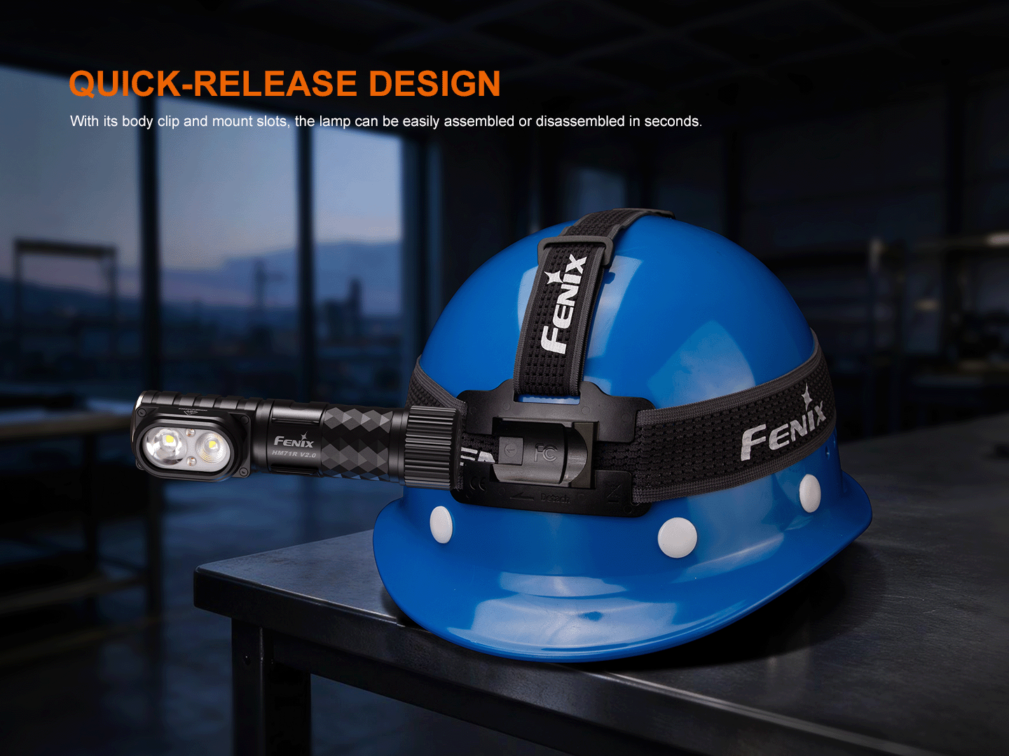 Fenix HM71R V2.0 - 3500 Lumen High-performance Industrial Headlamp showing its quick-release design on a hard hat.