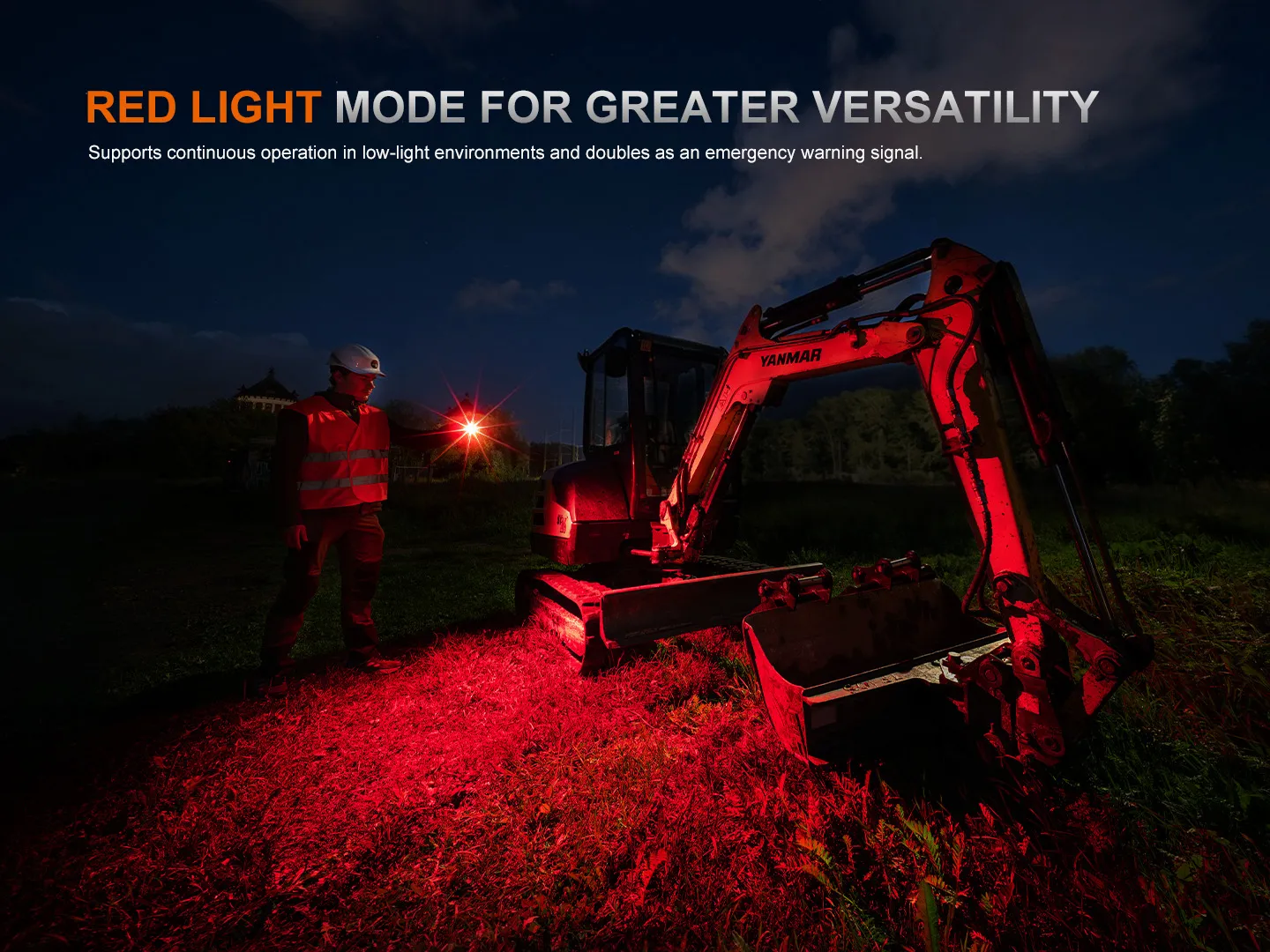 Fenix HM71R V2.0 - 3500 Lumen High-performance Industrial Headlamp in red light mode, illuminating an excavator.