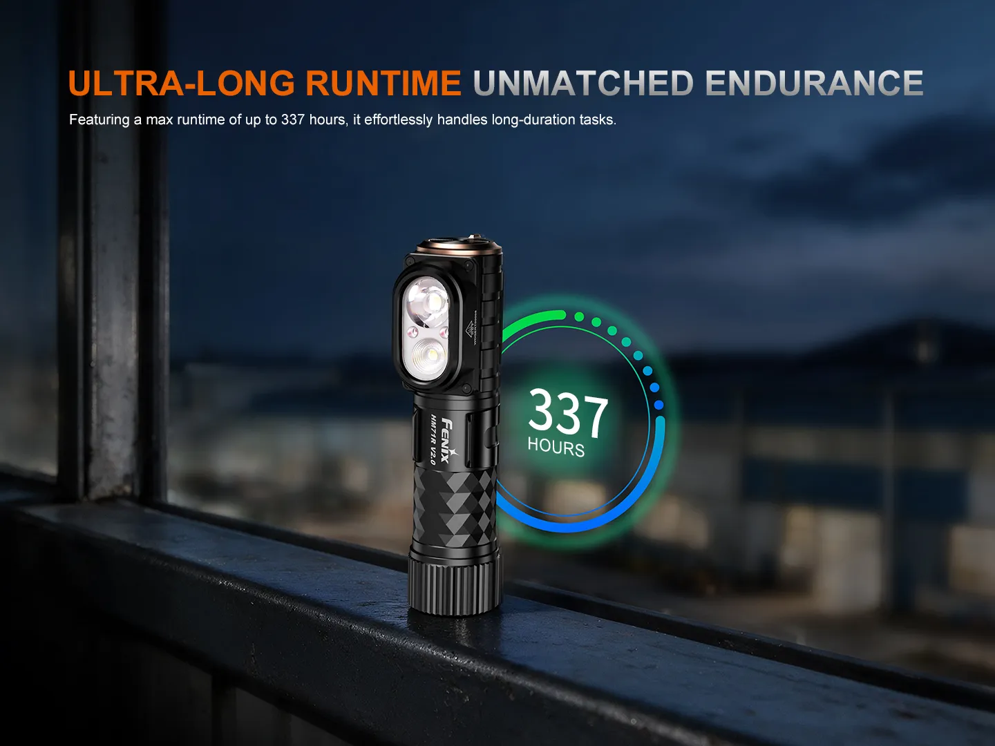 Fenix HM71R V2.0 - 3500 Lumen High-performance Industrial Headlamp demonstrating its ultra-long 337-hour runtime.