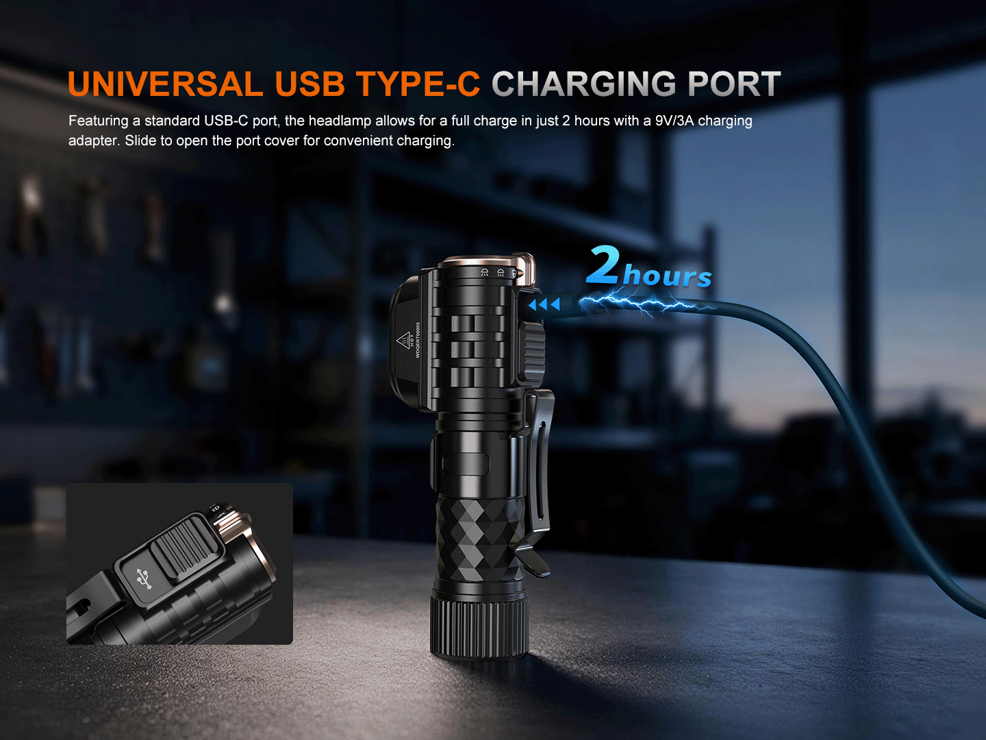 Fenix HM71R V2.0 - 3500 Lumen High-performance Industrial Headlamp charging via universal USB Type-C port in 2 hours.
