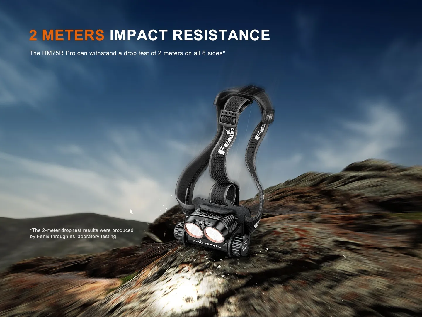 Fenix HM75R Pro - 3500 Lumen 398m Rechargeable Spot, Flood, and Red Magnesium Headlamp showing impact resistance.