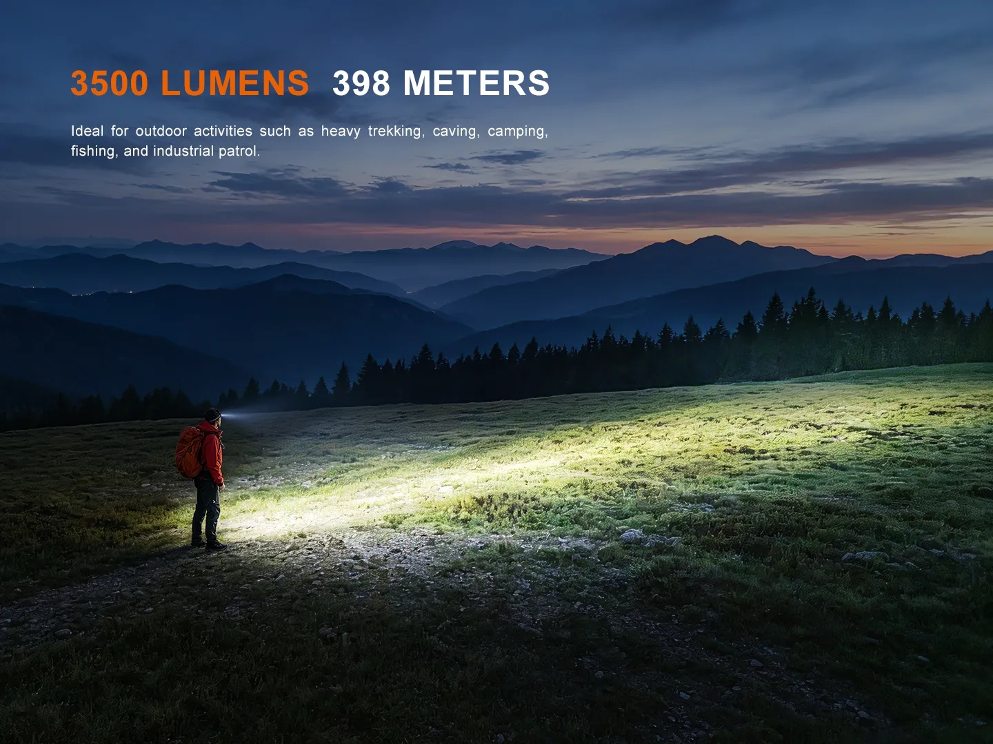 Fenix HM75R Pro - 3500 Lumen 398m Rechargeable Spot, Flood, and Red Magnesium Headlamp illuminating a field.