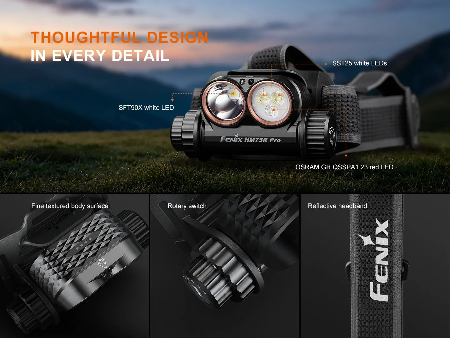 Fenix HM75R Pro - 3500 Lumen 398m Rechargeable Spot, Flood, and Red Magnesium Headlamp detailed design features.