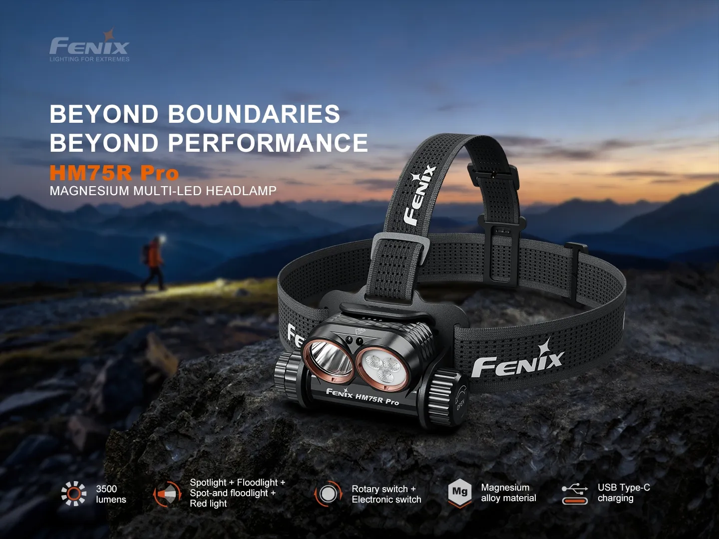 Fenix HM75R Pro - 3500 Lumen 398m Rechargeable Spot, Flood, and Red Magnesium Headlamp on a rock outdoors.