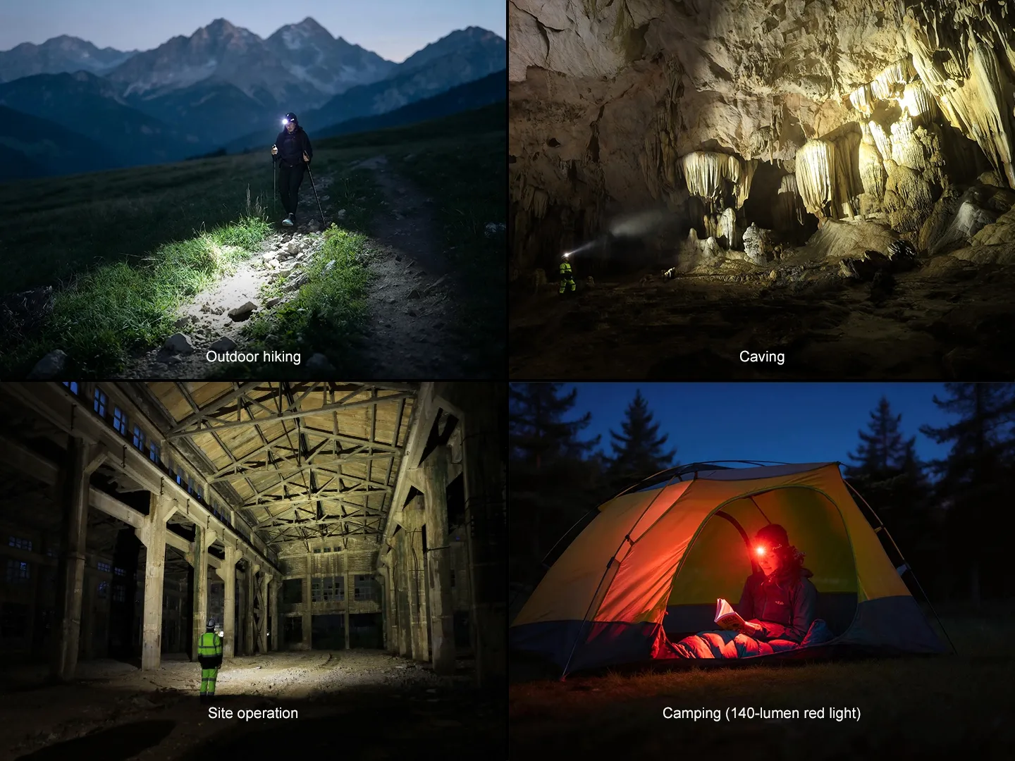 Fenix HM75R Pro - 3500 Lumen 398m Rechargeable Spot, Flood, and Red Magnesium Headlamp in various use scenarios.