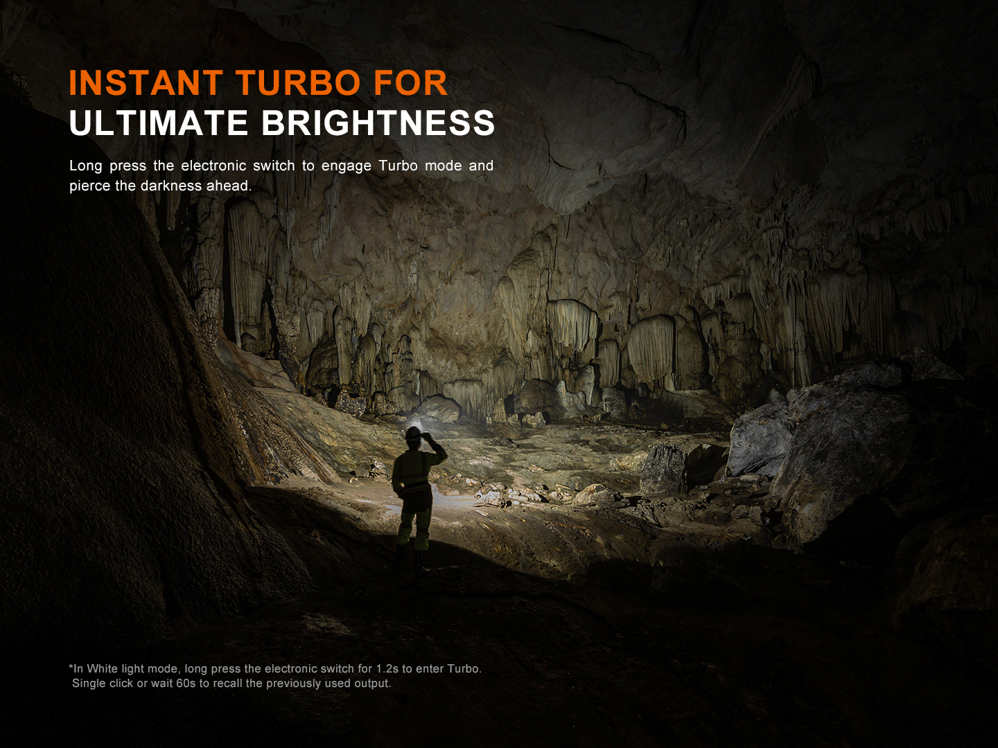 Fenix HM75R Pro - 3500 Lumen 398m Rechargeable Spot, Flood, and Red Magnesium Headlamp in instant turbo mode in a cave.