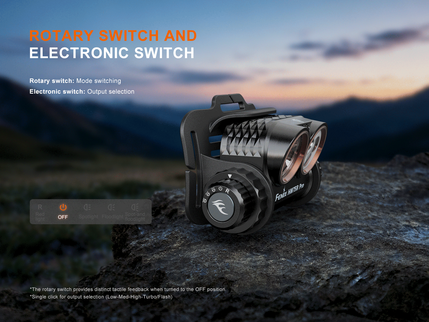 Fenix HM75R Pro - 3500 Lumen 398m Rechargeable Spot, Flood, and Red Magnesium Headlamp rotary and electronic switches.