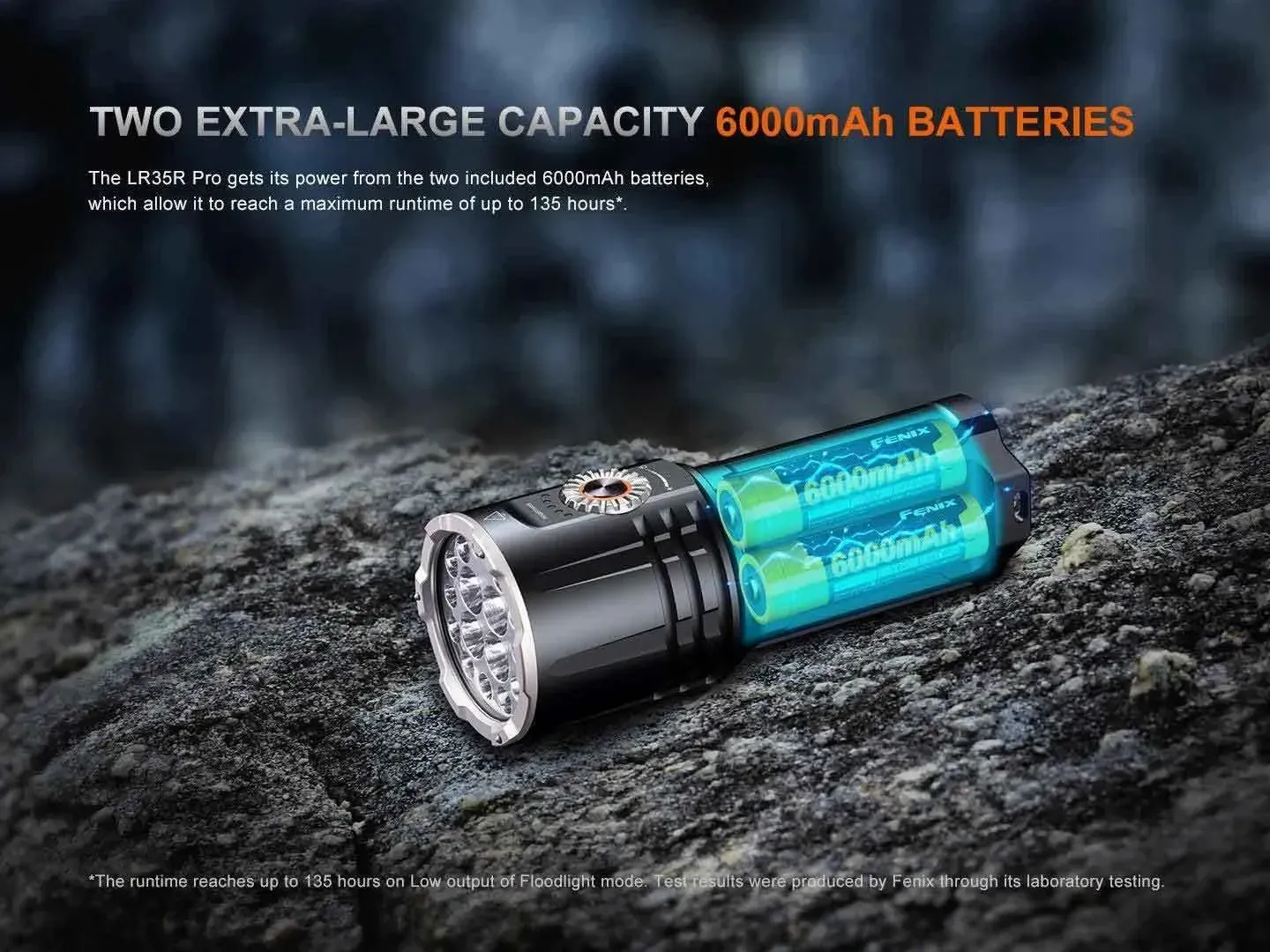 Fenix LR35R Pro - Flood and Spot 10000 Lumens 500m throw LED Searchlight showing its two extra-large capacity 6000mAh batteries.