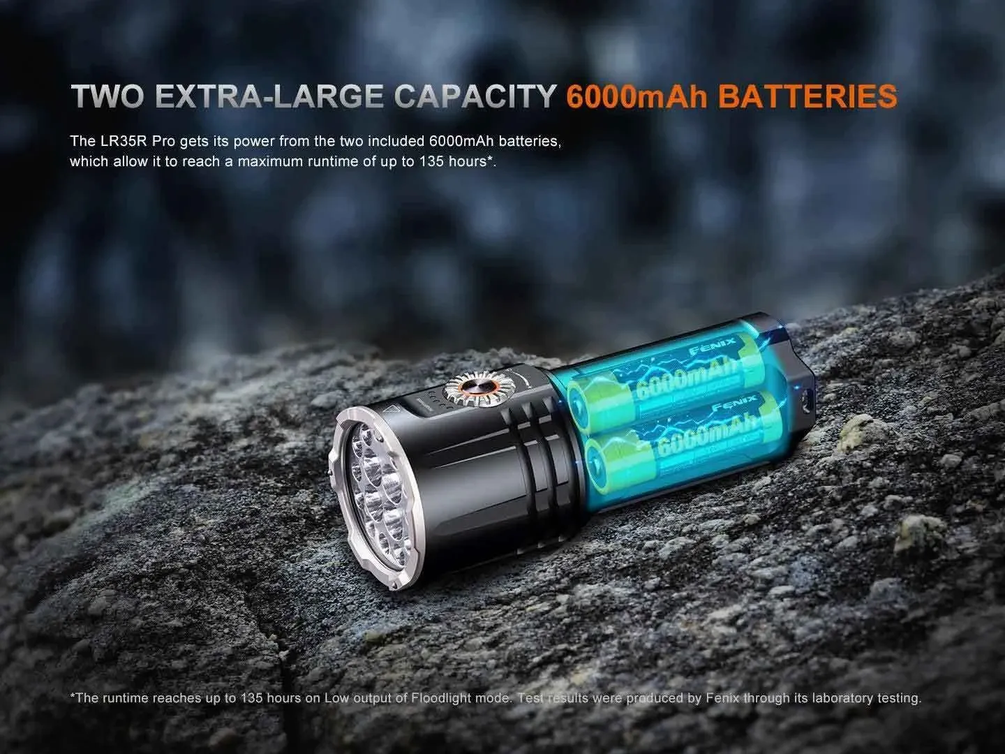 Fenix LR35R Pro - Flood and Spot 10000 Lumens 500m throw LED Searchlight showing two 6000mAh batteries.