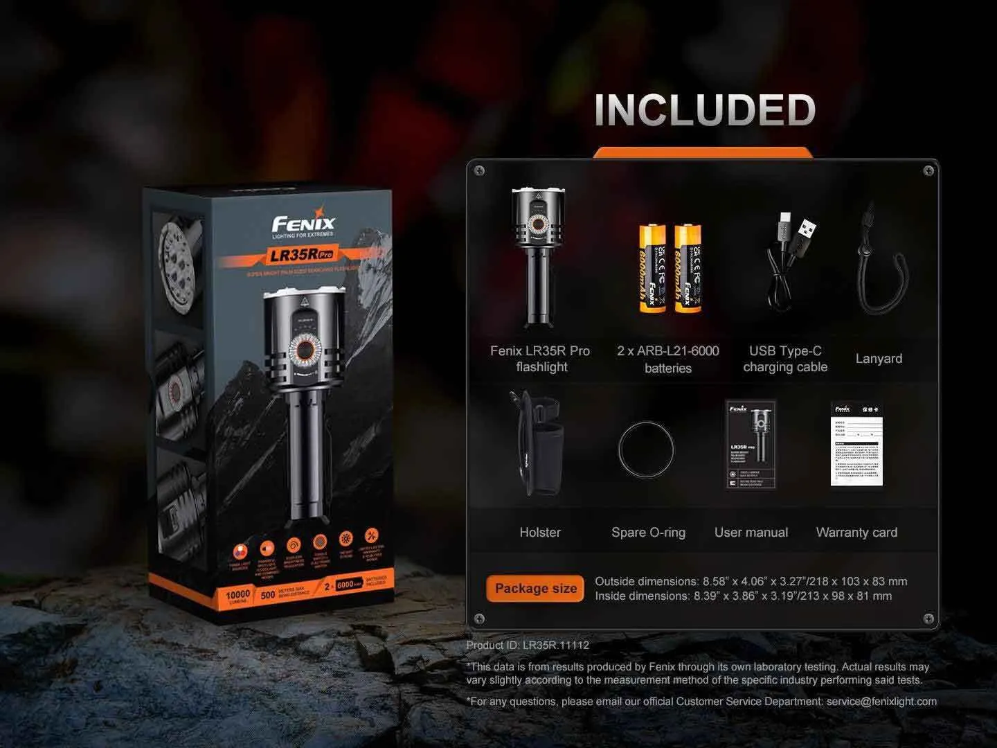 Fenix LR35R Pro - Flood and Spot 10000 Lumens 500m throw LED Searchlight packaging and included accessories.