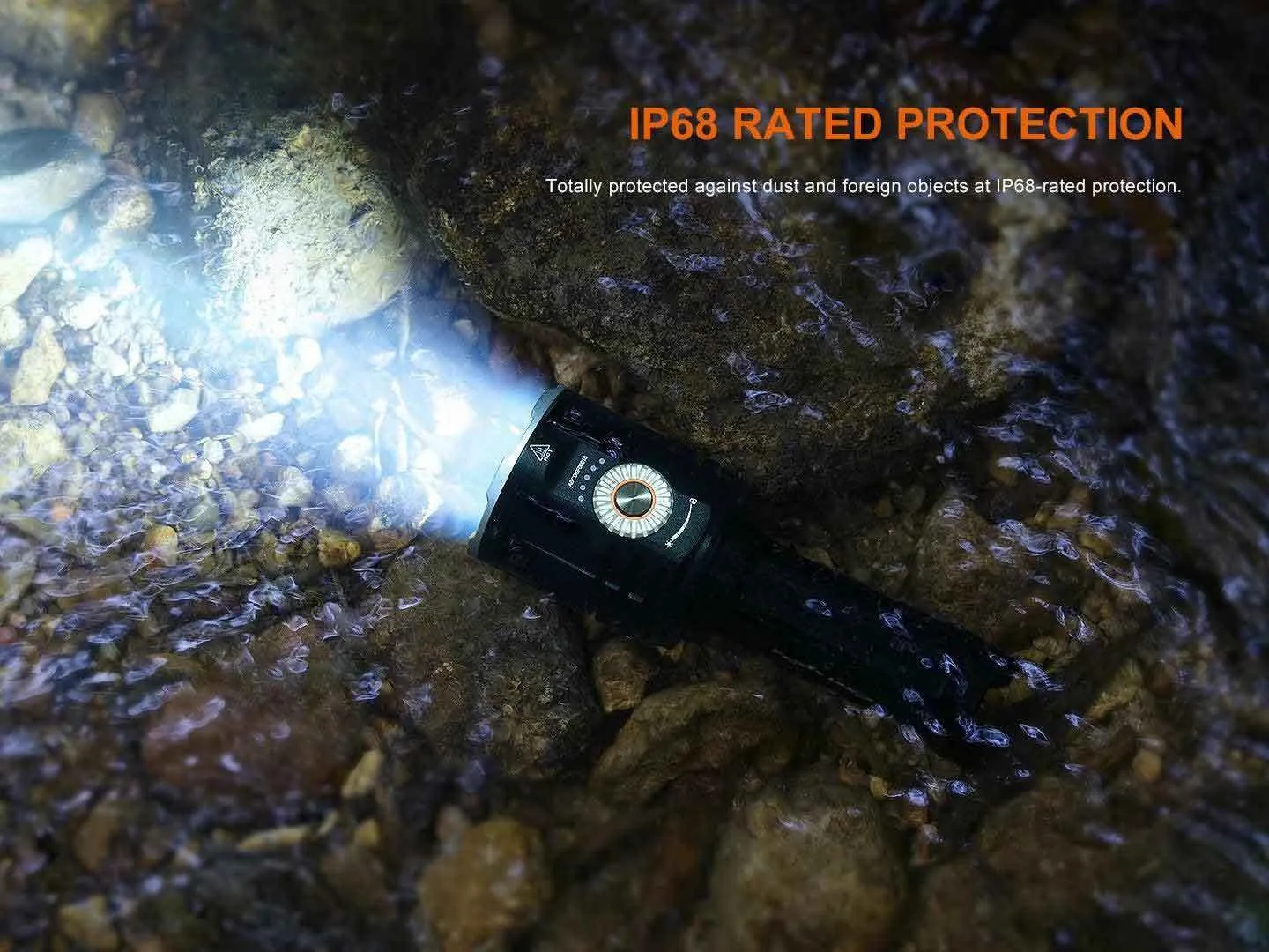 Fenix LR35R Pro - Flood and Spot 10000 Lumens 500m throw LED Searchlight submerged in water, demonstrating IP68.
