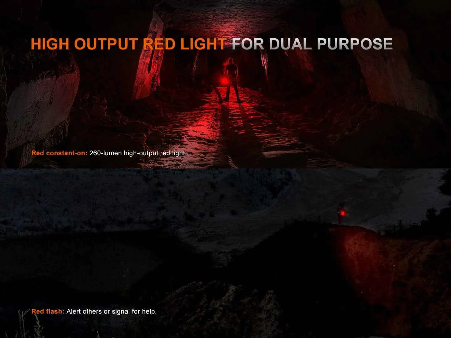 Fenix LR35R Pro - Flood and Spot 10000 Lumens 500m throw LED Searchlight showing red light in a cave and as a signal.