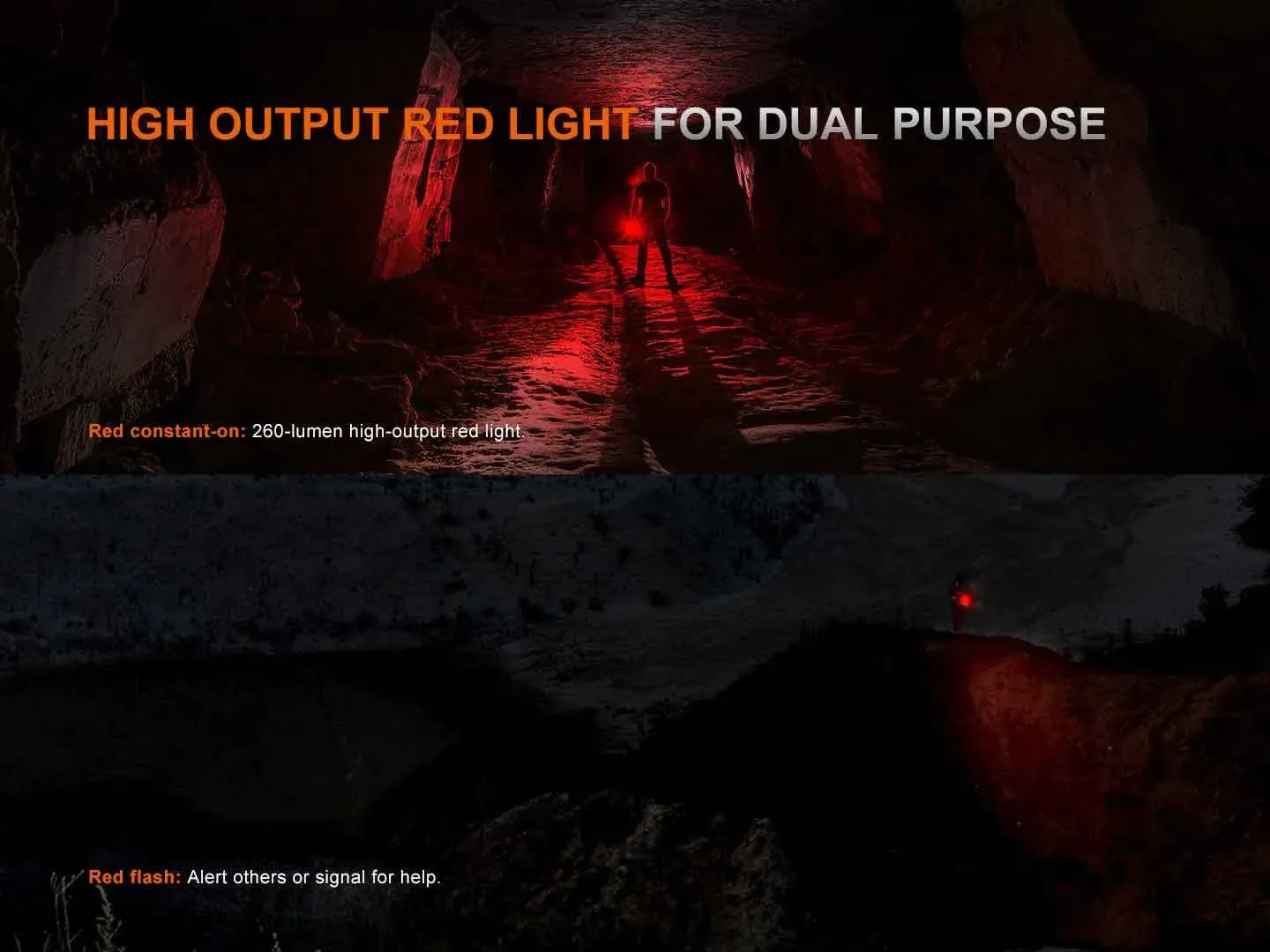 Fenix LR35R Pro - Flood and Spot 10000 Lumens 500m throw LED Searchlight's high output red light for signaling and constant illumination.