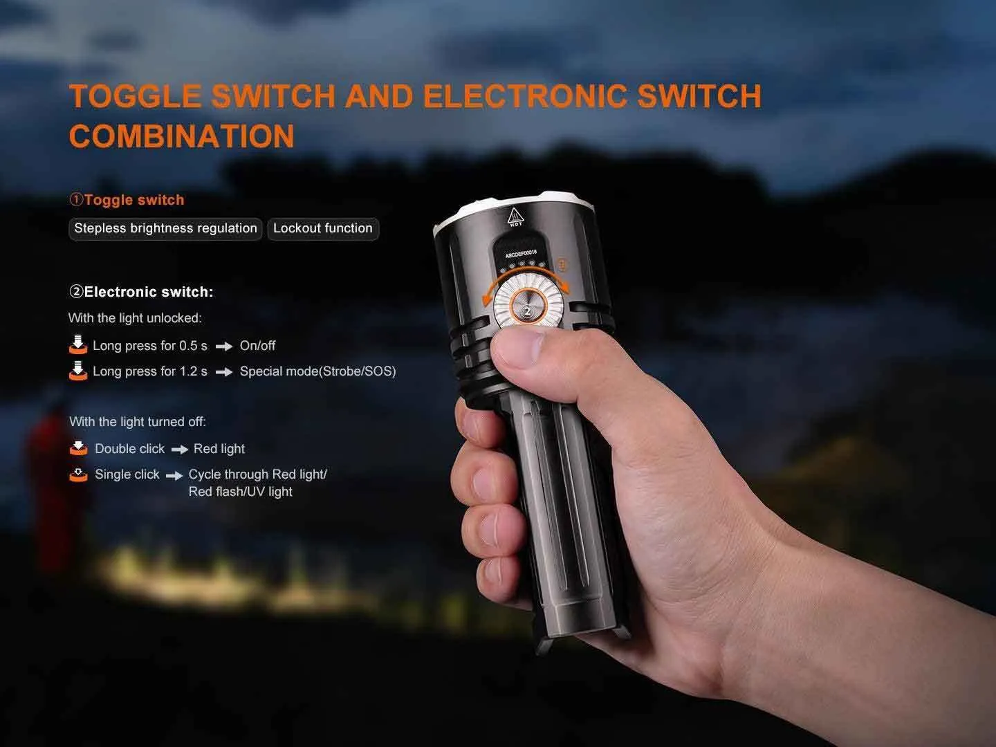 Hand holding the Fenix LR35R Pro - Flood and Spot 10000 Lumens 500m throw LED Searchlight, showing switch controls.