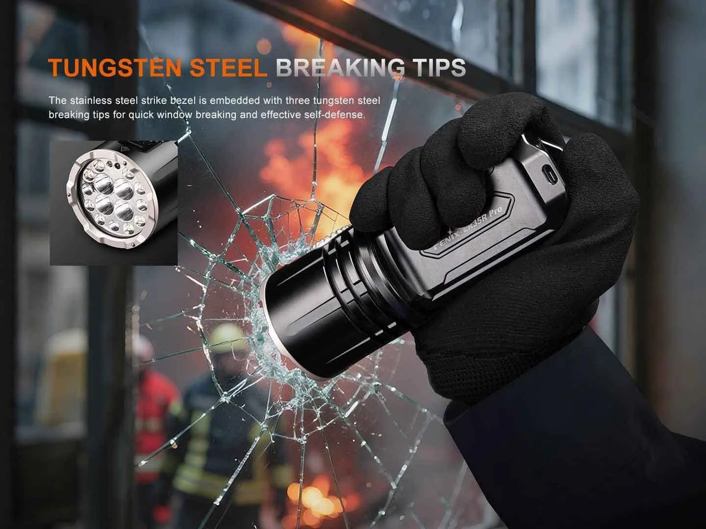Fenix LR35R Pro - Flood and Spot 10000 Lumens 500m throw LED Searchlight breaking glass with tungsten steel tips.