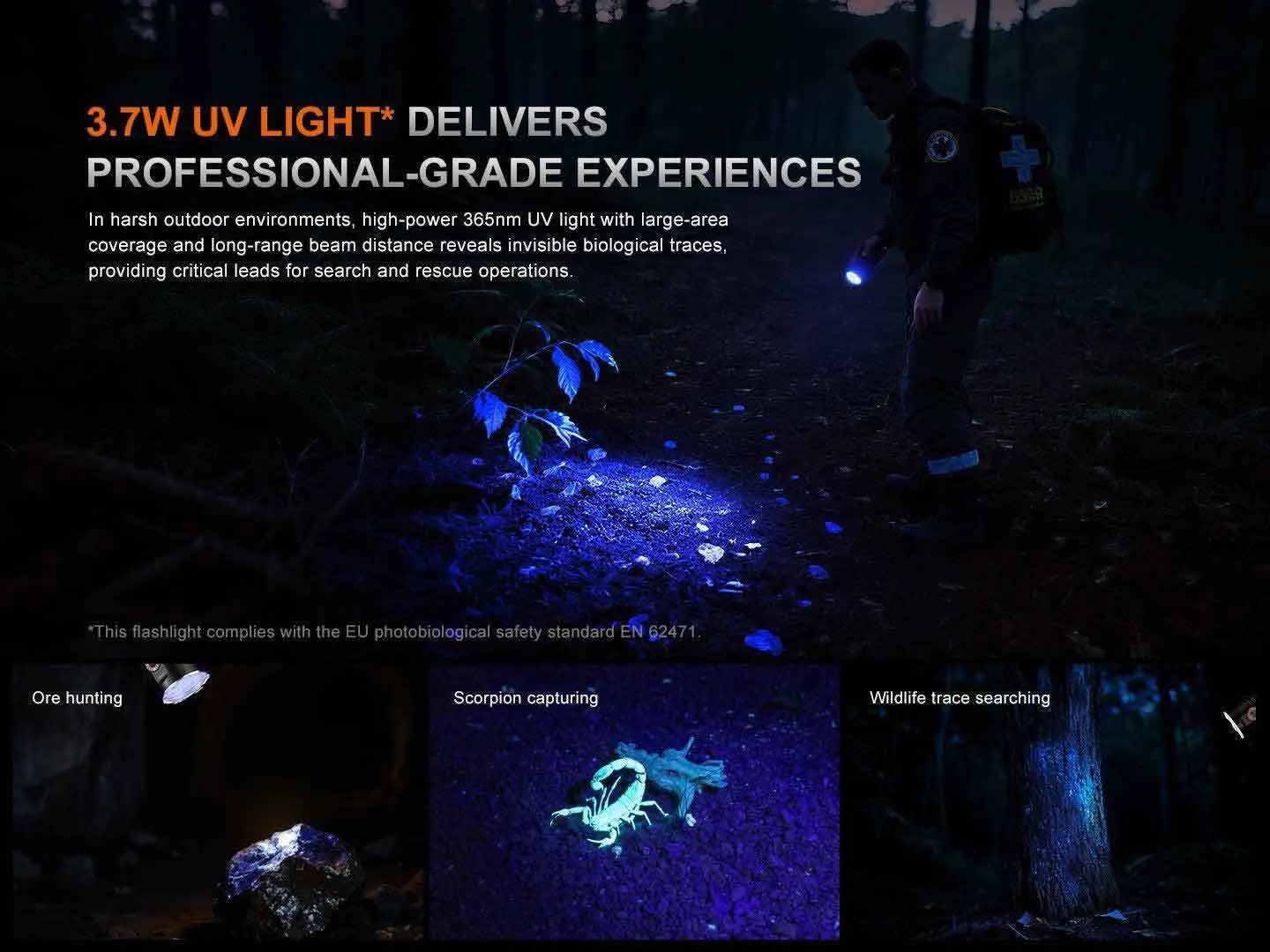 Fenix LR35R Pro - Flood and Spot 10000 Lumens 500m throw LED Searchlight using UV light in a forest.