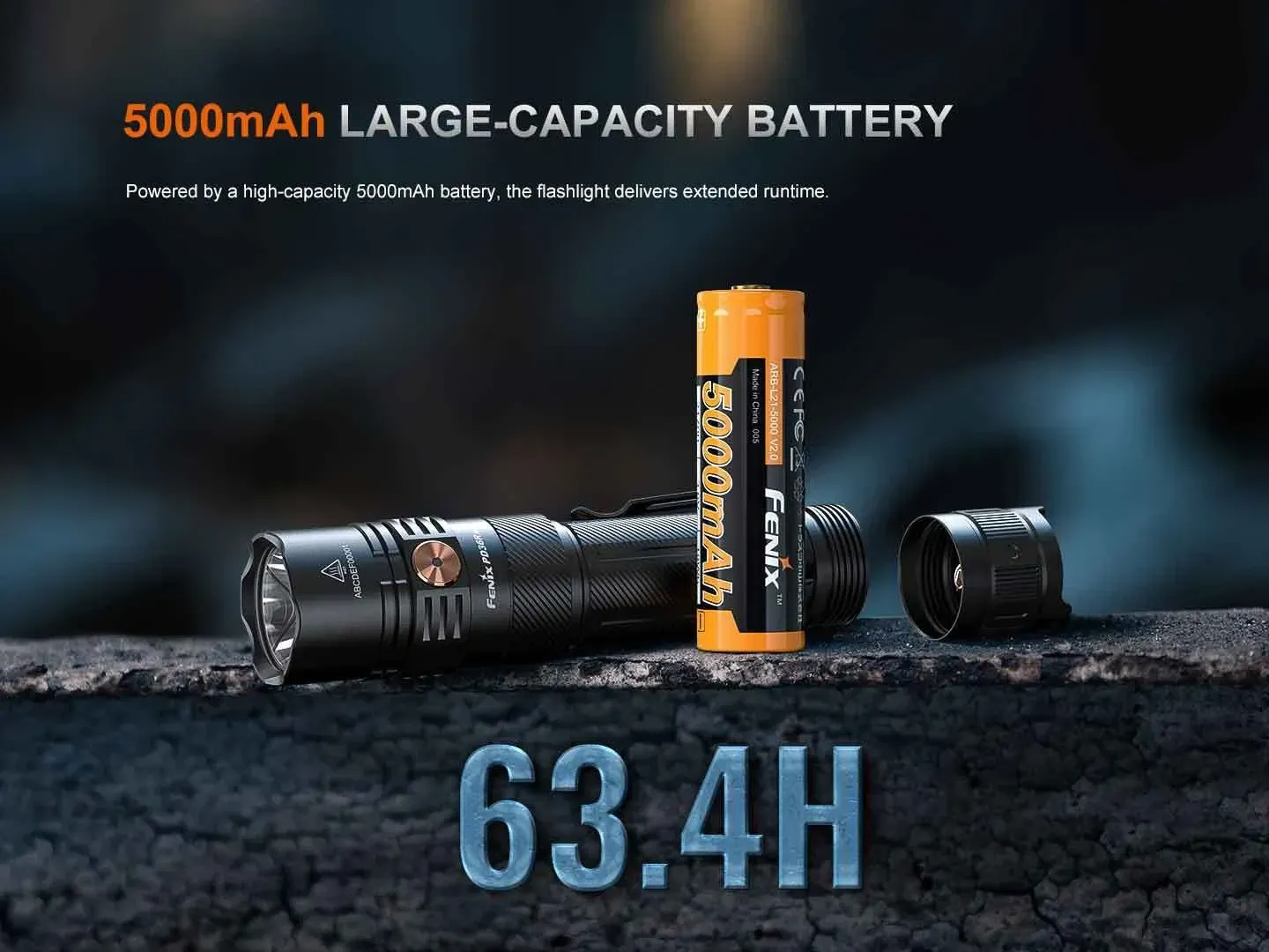Fenix PD36R ACE + Free E12 V3.0 Combo Set flashlight with its 5000mAh battery, showing 63.4 hours runtime.